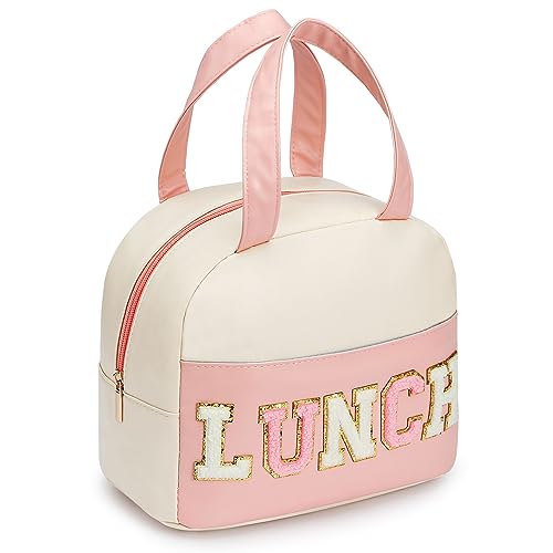 Insulated Lunch Bag for Women and Men - PU Leather Small Office Tote with Variation B-White&Pink