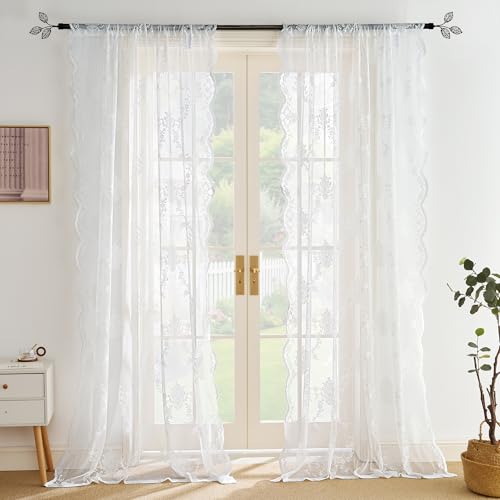 NICETOWN Lace Sheer Curtains Christmas Decor 84 Inches Long for Bedroom, Shabby Chic Rose Flora Semi White Sheer Curtains for Living Room French Door, 1 Pair, Rod Pocket, 52 x 84 Inch, Ivory White