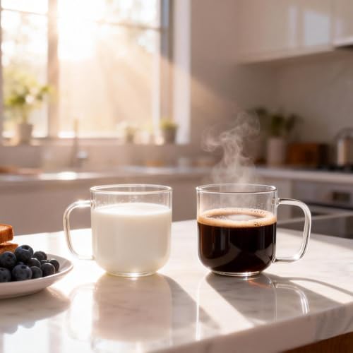 BWODYAY 8 oz Glass Coffee Mugs, Set of 2 Clear Borosilicate Tea Cups