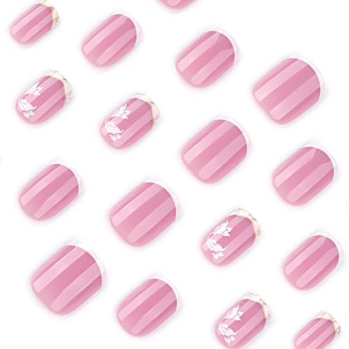 Short French Tip Press on Nails Nude Glitter Square Fake Nails Kit