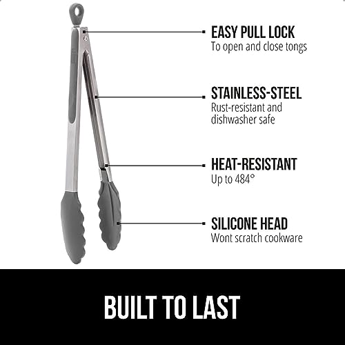 GORILLA GRIP Kitchen Tongs Set - Stainless Steel, 7" & 9", Gray