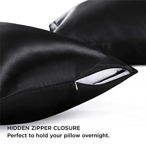 Bedsure Satin Pillowcase Set of 2, Black Queen Size with Zipper