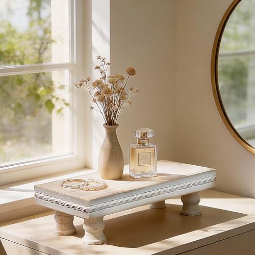 Waterproof Wooden Bathroom Tray Pedestal Stand - 8.6-Inch White
