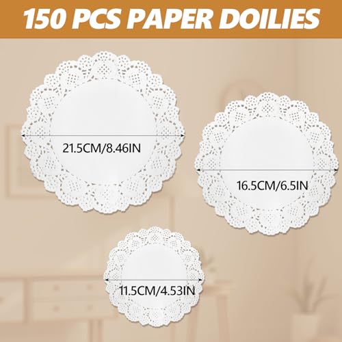 White Lace Doilies Set - 150 Pcs, 4.5" 6.5" 8.5" for Cakes & Crafts