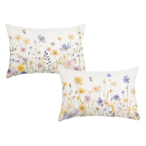 Floral Lumbar Pillow Covers - Set of 2, 12x20 Inch Daisy Design for Sofa & Patio