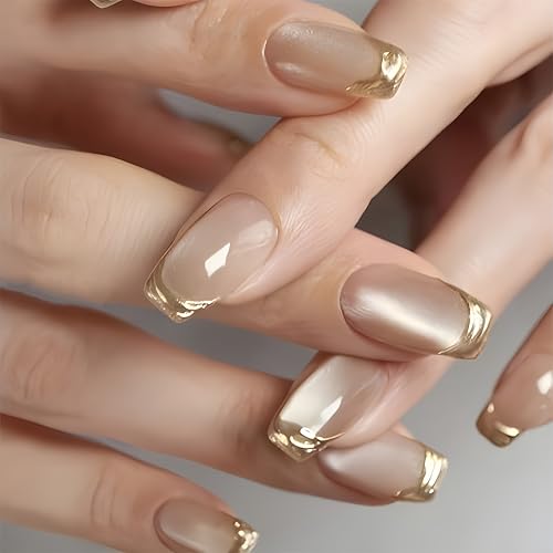 Nude and Gold French Tip Press On Nails Medium Square False Nails Kit