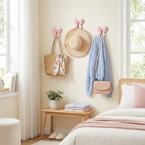 Pink Bow Coat Hooks - 3 Pack Wooden Wall-Mounted Hangers
