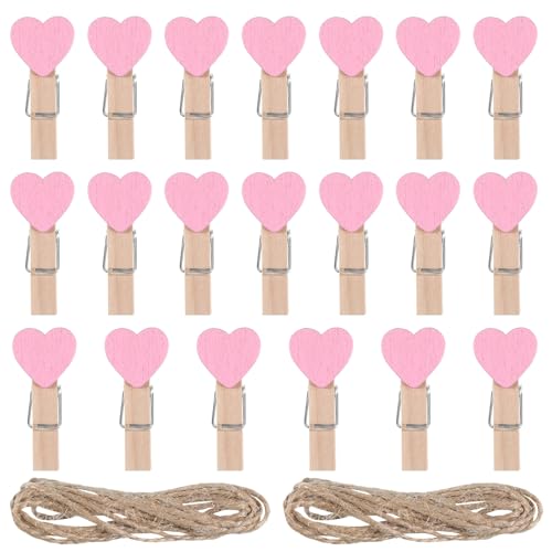 20 Pink Heart Wooden Clothespins with Jute Rope for Photos