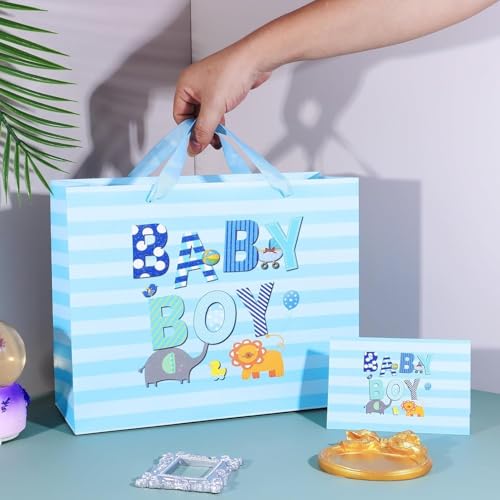 Large 13" Baby Boy Gift Bag with Card & Tissue Paper - Cartoon Design