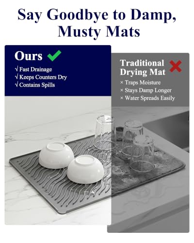 Kitsure Silicone Dish Drying Mat, 2 Pack - Heat-Resistant & Fast-Draining, 17.7" x 13.8" - Dark Gray