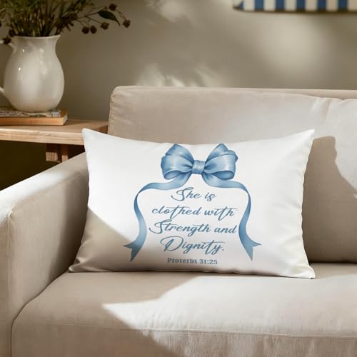 Bible Verse Pillow Cover 12x20 - Proverbs 31:25 Decor