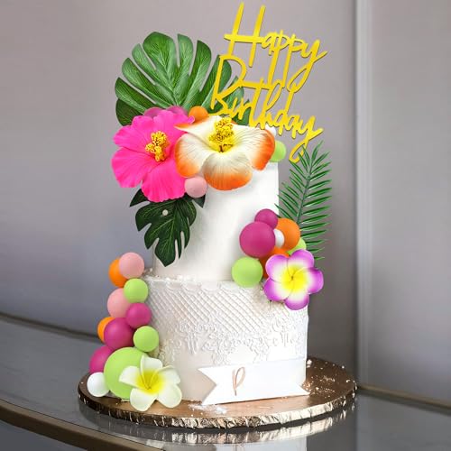 37pc Hawaiian Flower Cake Topper Set, Rose Orange Summer Party Decoration