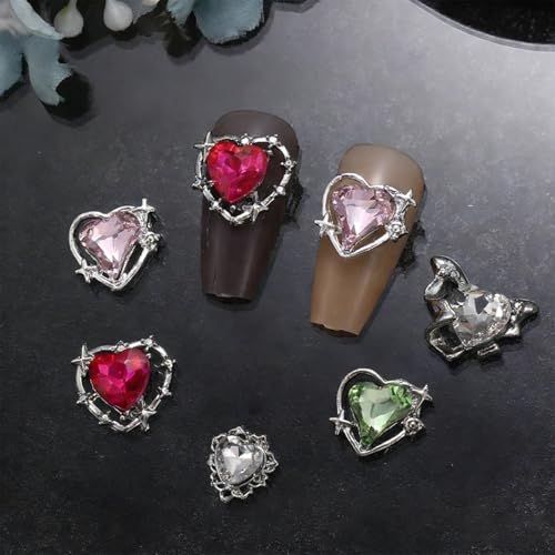 GUAACCB 15Pcs 3D Heart & Butterfly Nail Charms Silver Rhinestones