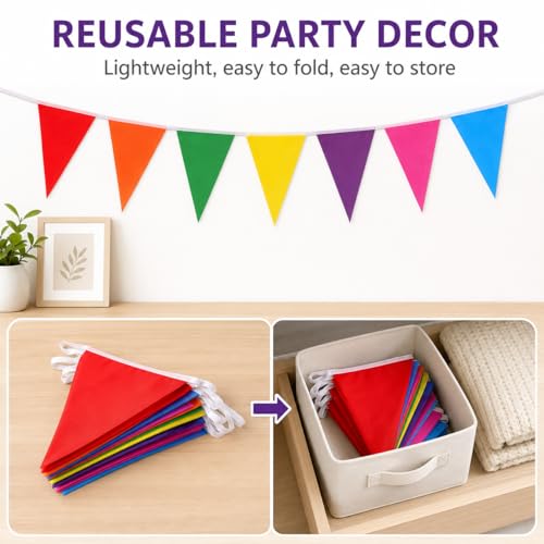 30ft Reusable Rainbow Pennant Banner - 21 Large Flags for Events