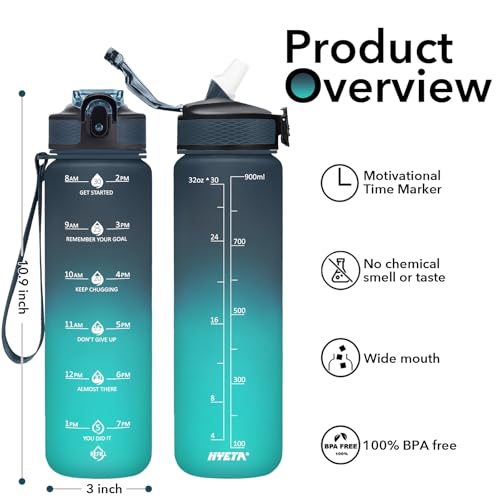 Hyeta 32oz Motivational Water Bottle with Straw - Navy Blue-Green Ombré