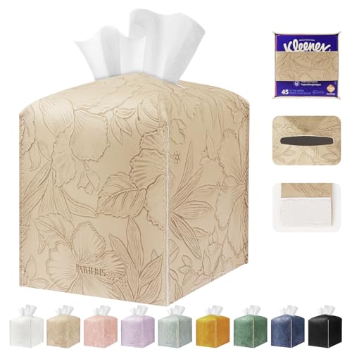 PARIERIS Soft Beige PU Leather Tissue Box Holder - Square Organizer for Home & Office