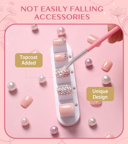 Kikmoya Short Square Press On Nails Glossy Nude Fake Nails with Rhinestones