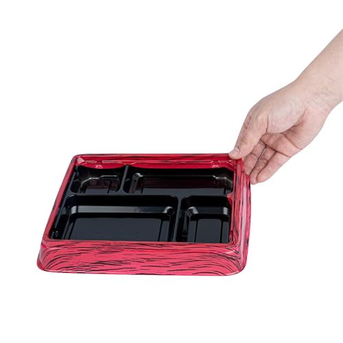 Restaurantware Bento Tek 15.2 Ounce Meal Prep Containers, 50 Disposable To Go Food Boxes - Lids Sold Separately, 4 Compartments, Red And Black Plastic Bento Lunch Boxes, Freezable, For Take Out