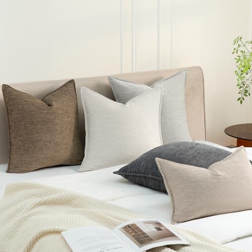 iPAHANA Pearl White Chenille Linen Throw Pillow Covers 18x18 Set of 2 - Boho Farmhouse Decor