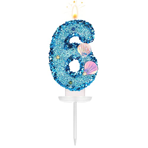 3-Inch Blue Glitter Shell Number Candle for Birthday Cake