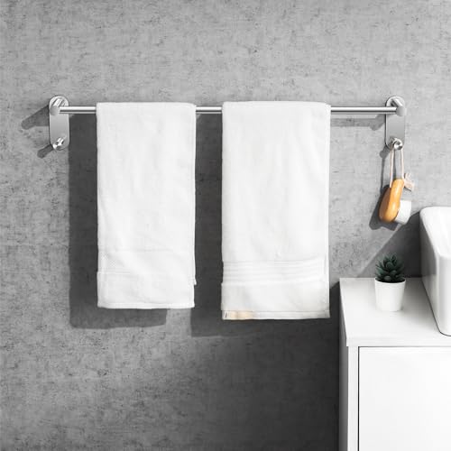24 Inch Brushed Nickel Towel Bar, No-Drill Adhesive Rack with 2 Hooks
