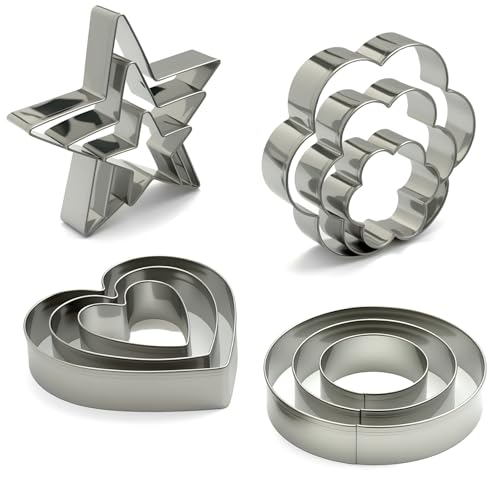 Stainless Steel Cookie Cutters Set of 12 - Heart, Flower, Star Shapes