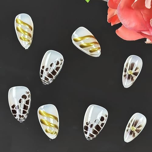 Brown Flower Press on Nails Medium Almond Fake Nails with Gold Design