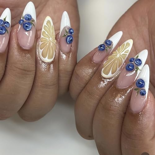 3D Fruit Press On Nails Medium Almond French Tip False Nails