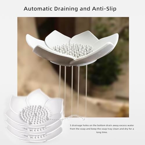 HONYUEYIM Lotus-Shaped Silicone Shower & Soap Dish Tray, Non-Slip Drainage, White/Grey
