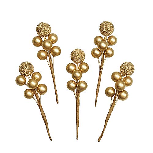 Artificial Gold Holly Berry Stems for Christmas Wreaths and Decorations - 20 Pack