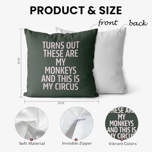 Funny Monkeys & Circus Quote Throw Pillow Cover 18x18, Green-01