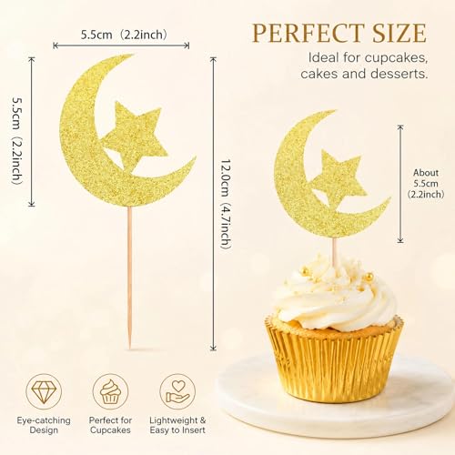 24 Pcs Star Moon Cupcake Toppers - Golden Glitter Decorations