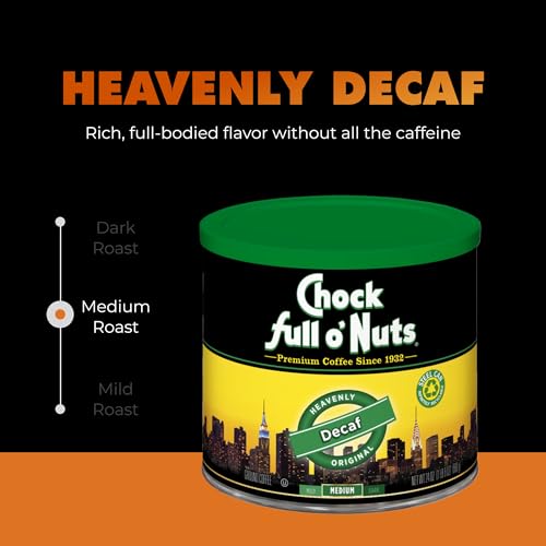 Chock Full o' Nuts Heavenly Original Decaf Ground Coffee, 24 oz - Medium Roast, Rich Flavor in Recyclable Steel Can