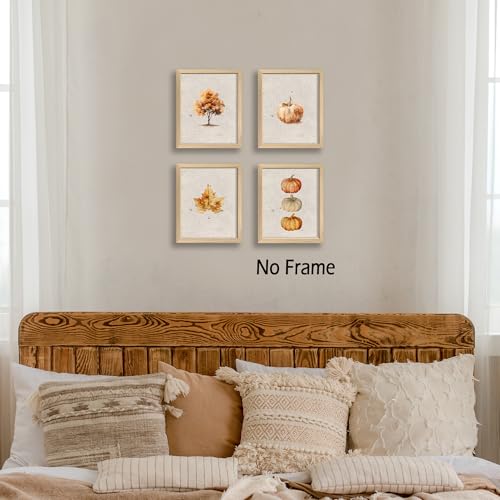 Fall Autumn Wall Art Prints Set of 4 - Vintage Pumpkin Maple Leaf Posters 8x10