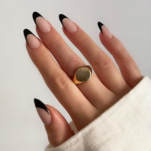 Black French Tip Press On Nails - Short Almond Fake Nails Kit