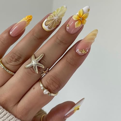French Tip Press on Nails Medium Almond Fake Nails 3D Flower Lemon Design