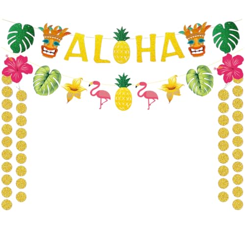 Tropical Aloha Party Banner Set with Gold Glitter Flamingo & Pineapple