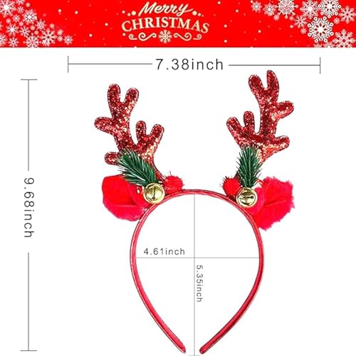 Xepeelo Red Antler Christmas Headband with Glitter Deer Ears and Bells