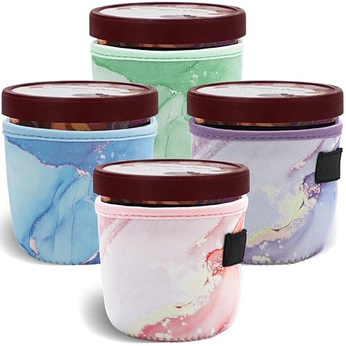 Pint Size Ice Cream Sleeves - Cozy 4 Pack A Neoprene Covers with Spoon Holder