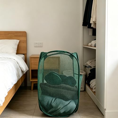 Larpur Pop-Up Laundry Hamper, Collapsible Mesh Clothes Basket - Dark Green