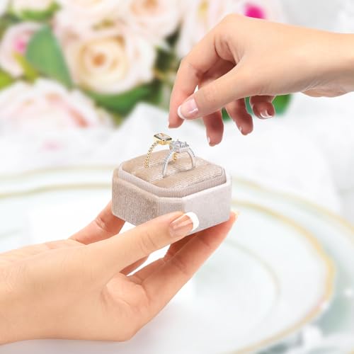 Champagne Velvet Ring Box - Octagon Jewelry Holder for Weddings