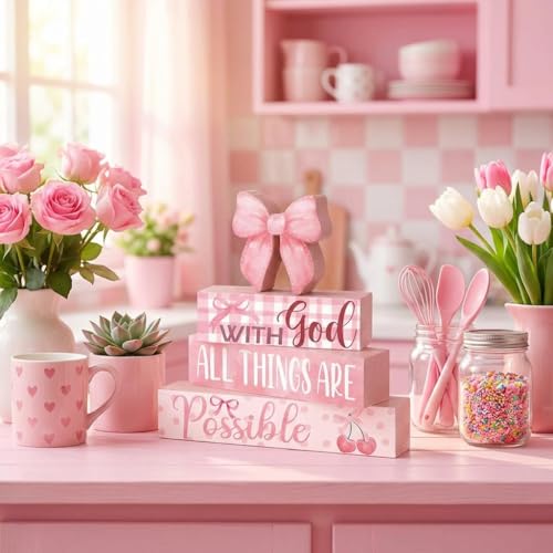 4-Piece Pink Bow Tiered Tray Decor for Home & Table