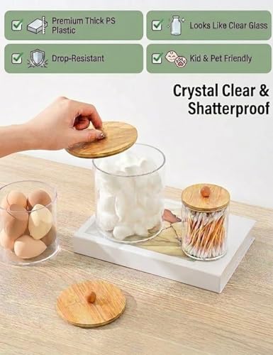 Clear Plastic Cotton Swab Holder with Bamboo Lid - Medium Organizer