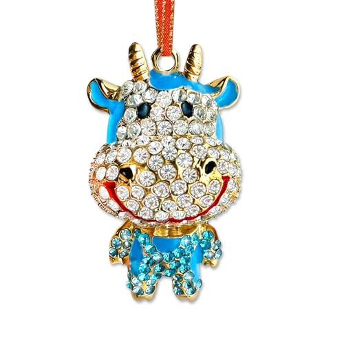 Metal Calf Christmas Ornament with Blue Rhinestones - 1.2” x 2.2”