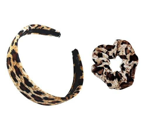 ZOONAI Velvet Wide Headband and Scrunchie Set for Women Leopard Print