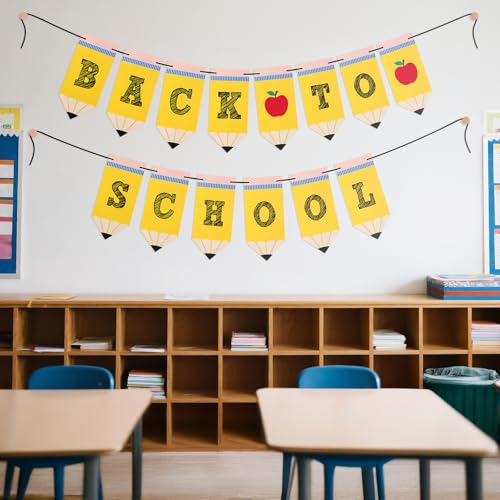 jijAcraft Pre-Strung Back to School Banner - Yellow Pencil & Apple Garland