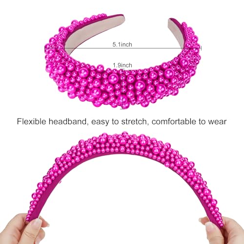 Wecoe Hot Pink Puffy Pearl Headband - Thick Beaded Hair Accessory