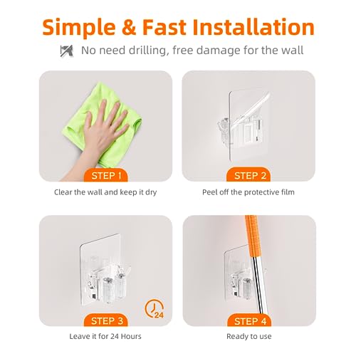 Batur Wall Mount Broom Holder with Hooks - 4 Pack Adhesive Organizer