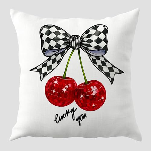 Cherry Pillow Cover 18x18 - Black & White Checkered Bow | JMICPTUB