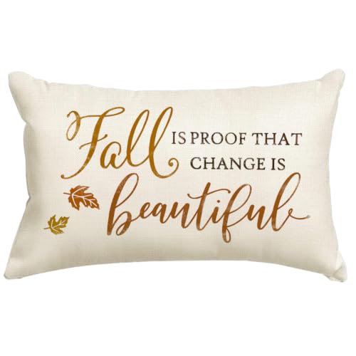 RABUSOFA Fall Pillow Cover 12x20 Inch, Beige Linen Autumn Farmhouse Decor
